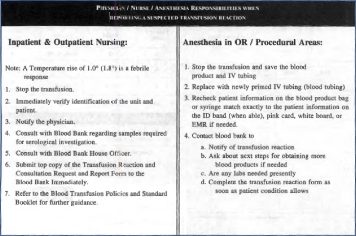 Differences between transfusion reaction instructions for Inpatient/Outpatient versus OR and Procedure Areas separate out.