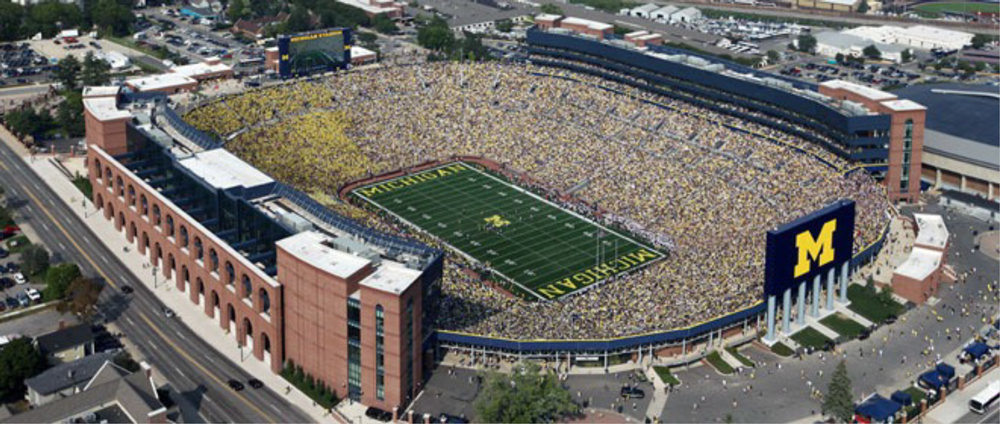 Michigan Stadium. The Big House.  Home of Michigan Football. With a >110,000 capacity, it is the largest stadium in the United States and the third largest stadium in the world. One of the country's most classic, widely recognized sporting facilities, Michigan Stadium has come to symbolize the pride, tradition and excellence of the University of Michigan. There is truly no place like it on a fall Saturday afternoon.