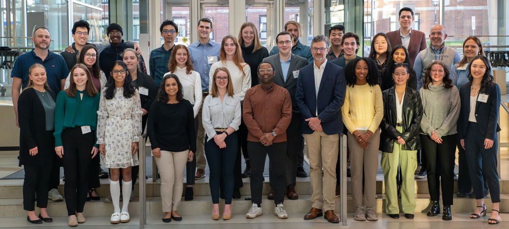 MCP students, Keynote Speaker Dr. Charles Mullighan (St. Jude Children’s Research Hospital, Memphis, TN), MCP Co-Directors Drs. Jeff Rual and Simon Hogan, and MCP Program Manager Laura Labut at the 22nd Annual MCP Research Symposium (November 2023).