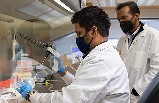 Arul Chinnaiyan, MD, PhD, (right) in his lab. / Photo credit: Michigan Medicine