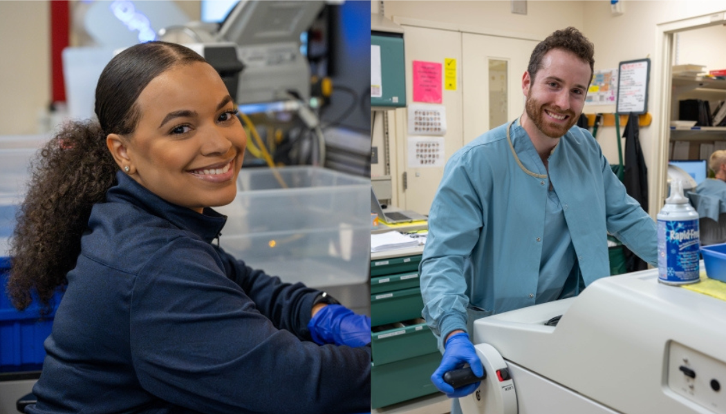 Ciana Swasey and Benjamin Reed working in their labs.