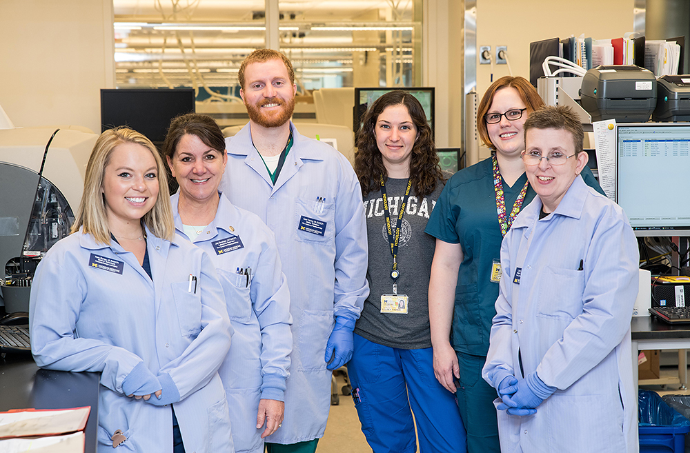 Flow Laboratory Team: (left to right) Kara Bureau, MLS (ASCP), Julie Bensinger MT (ASCP), Conor Daining MLS (ASCP), Kelsey Fisher MLS (ASCP), Jaclyn Epple MLS (ASCP), and Laurie Gable MT (ASCP); Not pictured: Alicia Kuzia MLS (ASCP) and Sheri McLelland MT (ASCP).