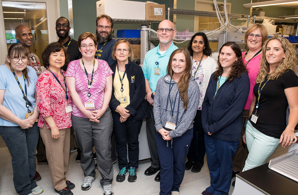 The HLA Team: (front row left to right) Joyce Seleska, Gui-Ying Yin, BS, Debbie Schauss, BS, CHS, Kathy Daavettila, BS, CHS, MT (ASCP), Amanda O'Brien, BS, Sam Fogel, BS, MLS (ASCP), Andrea Parkison, BS, CHS, MLS (ASCP); (back row left to right) Sabb Shelton, BS, MLS (ASCP), Abdul Abdulle, BS, MLS (ASCP), Scott Parker, Gary Simmons, BS, MT (ASCP), Kathleen Chandler, BS; Not pictured: Nell Field, BS, MLS (ASCP), Kelsey Fisher, BS, MLS (ASCP), Yusuf Peaks, BA, Cory Peitsch, BS, MLS (ASCP), Maria Ramirez, BS, MS, Isabelle Sharrard, BS, Timm Williams, BA, MBA 