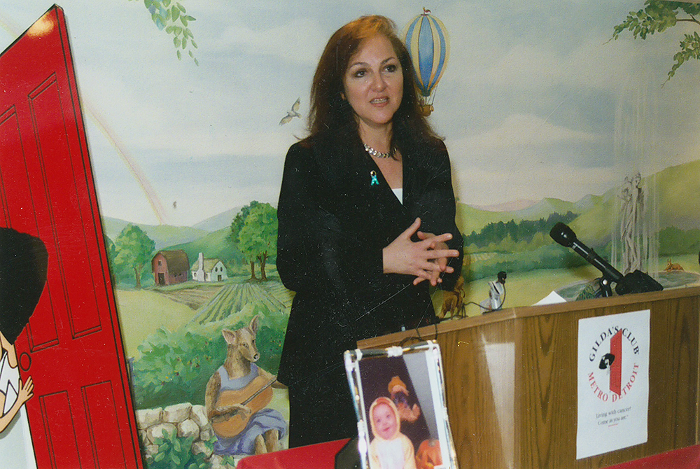 Sheryl at a press conference for Johanna's Law, held at Gilda's Club.